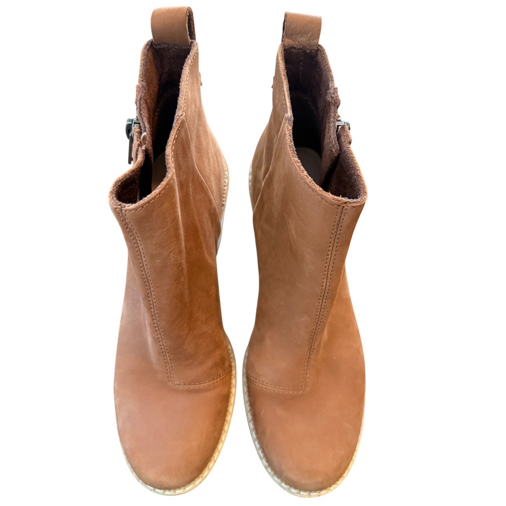 TOMS Wedge Ankle Booties Women 7 Tan Brown Leather Suede Zip Platform Boots